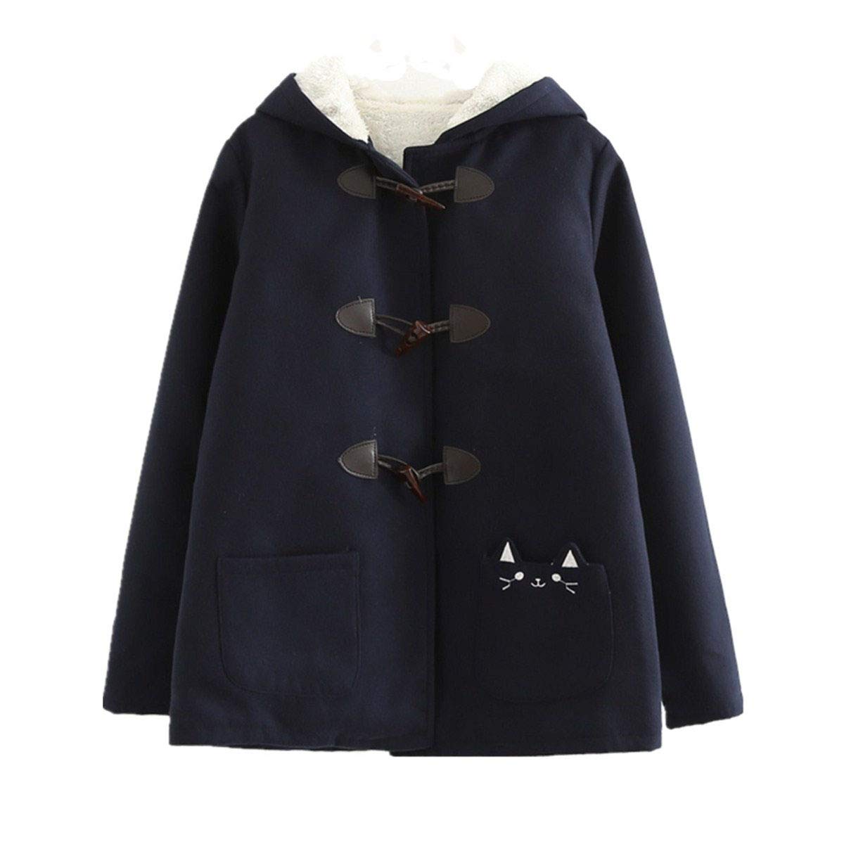 Woman's Winter Coats With Cap Kitty Print Pocket Thick Warm Fluffy Hooded Jacket